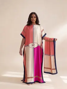 Elegant Plaid Pattern Robe Set, Hooded Shawl Dress + Long Headscarf Hairband, Women's Swimwear Coverups Beach Sun Protection Satin Scarf, Beach Outdoor Wear Swimsuit Coverups, Bathing Suit Cover Up