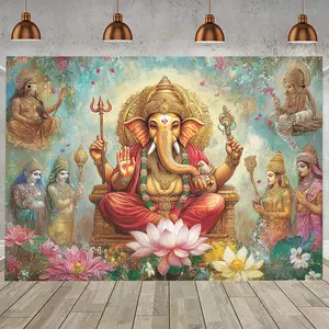 1pc Vibrant Hindu Deity Backdrop Banner - Polyester, Perfect for Parties & Studio Props, Festive Scene with Elephant God, Goddesses, and Floral Decor, Festive Decoration | Cultural Backdrop | Durable Polyester, Hindu Wall Art Ornaments Flower