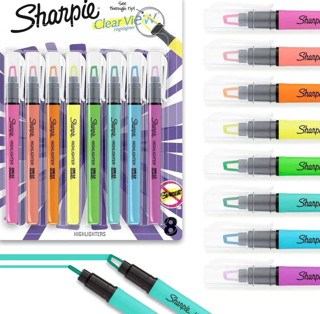 Sharpie Clear View Highlighter Sticks, Chisel Tip Highlighter Market Set, Essential School & Teacher Supplies, Smear Resistant, Assorted Color Highlighters, 8-Pack