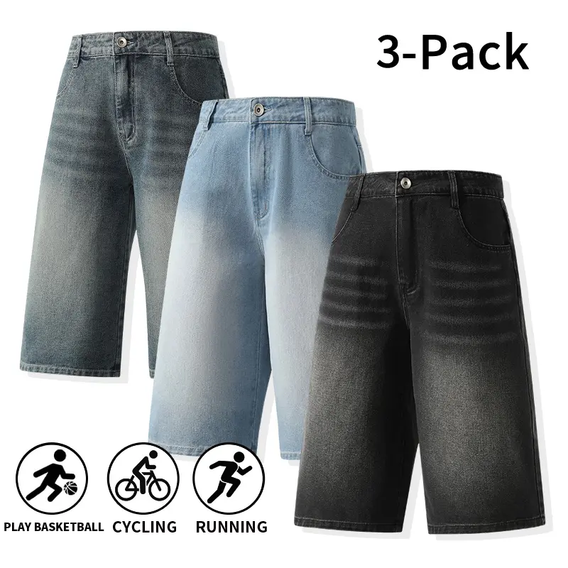 Men's 3-Pack Ombre Effect Gradient Washed Wide-Leg Denim Bermuda Shorts - Mid-Rise, Button Fly, Knee-Length Cropped Jeans, Breathable, Machine Washable Menswear for Outdoors, Casual Everyday Streetwear