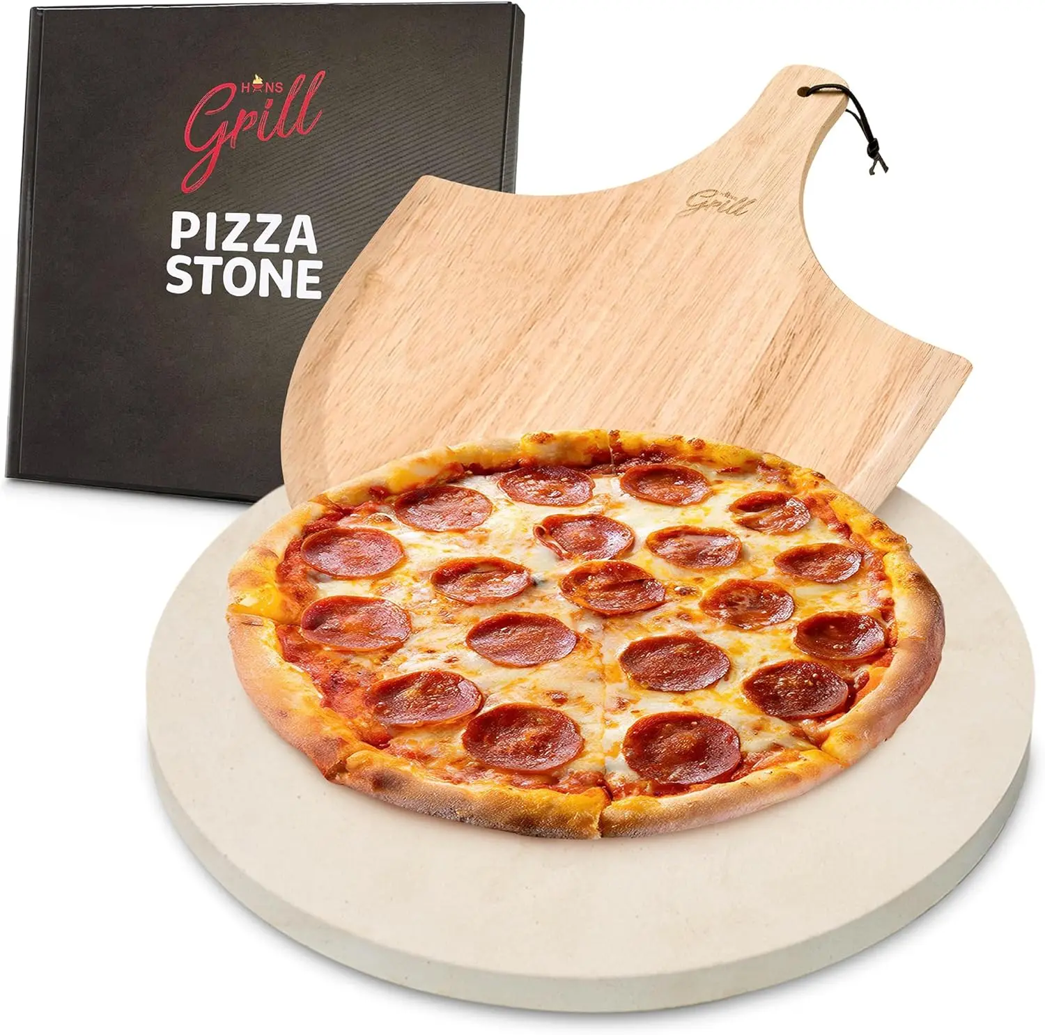 Hans Grill Circular Pizza Stone, 15 Inch Cordierite Stone with Wooden Peel