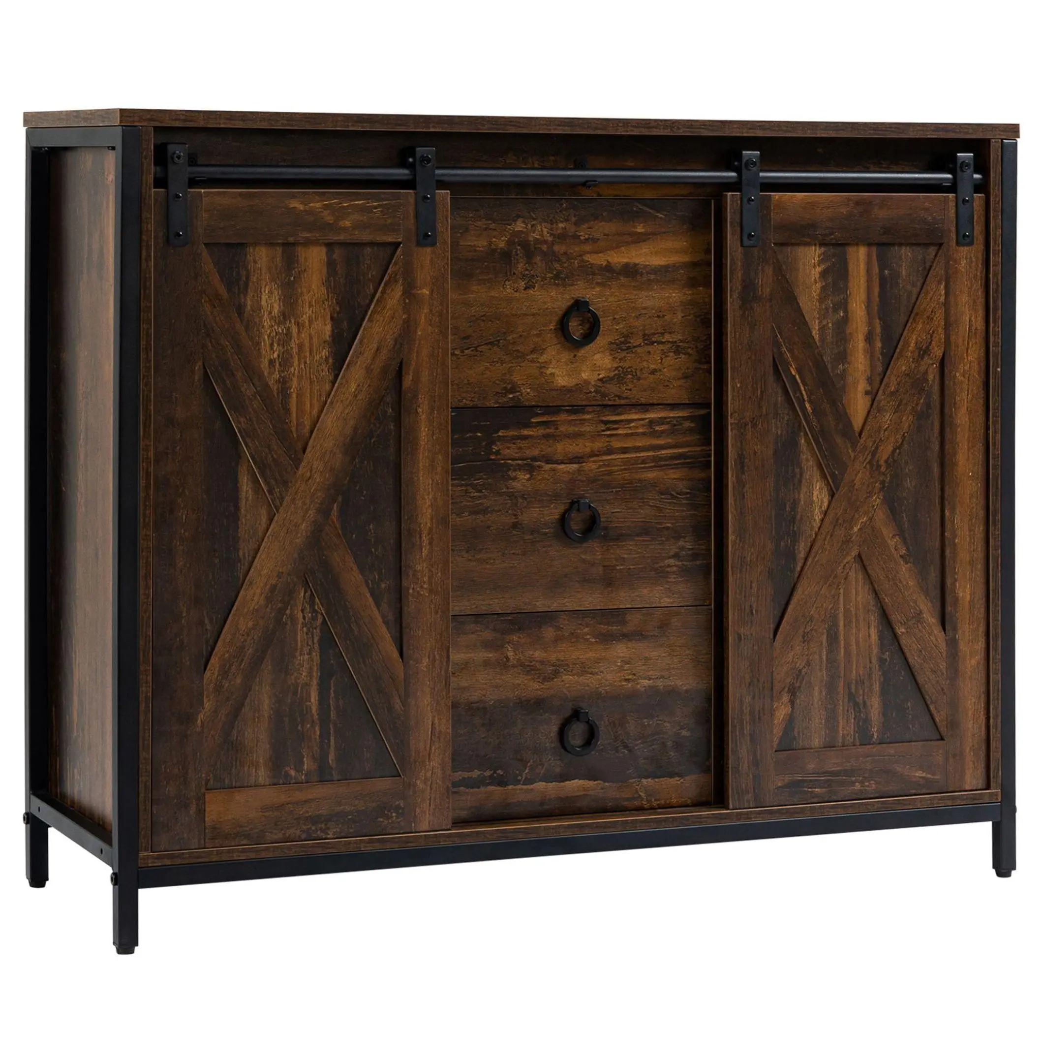 Buffet Kitchen Cabinet, Rustic Sideboard with Barn Doors, 3 Drawers, Adjustable Shelves, Living Room Storage, Rustic Brown