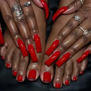 44Pcs Classic Red Glossy Press-On Nail & Toe Set, Classic Red Solid Color Curved Nail Tips Square Coffin Shape, High-Shine Finish for Everyday, Holidays, Comfortable Fit, Ideal Gift for women [20Pcs Fingernails+24Pcs Toe Nai Glossy False Nails