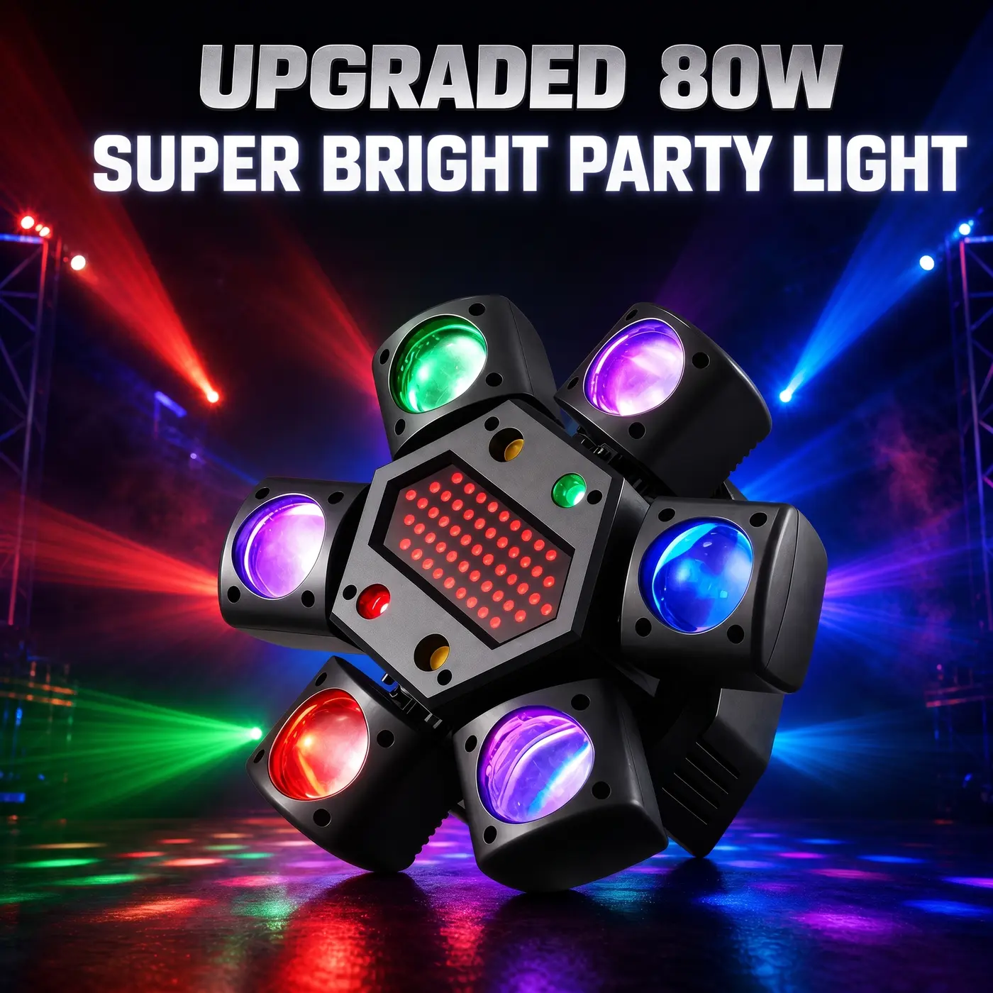 80W 6 Arms Moving Head DJ Light, RGBW StageLight with DMX-512 & Sound Active - Perfect for Parties,Weddings & Events