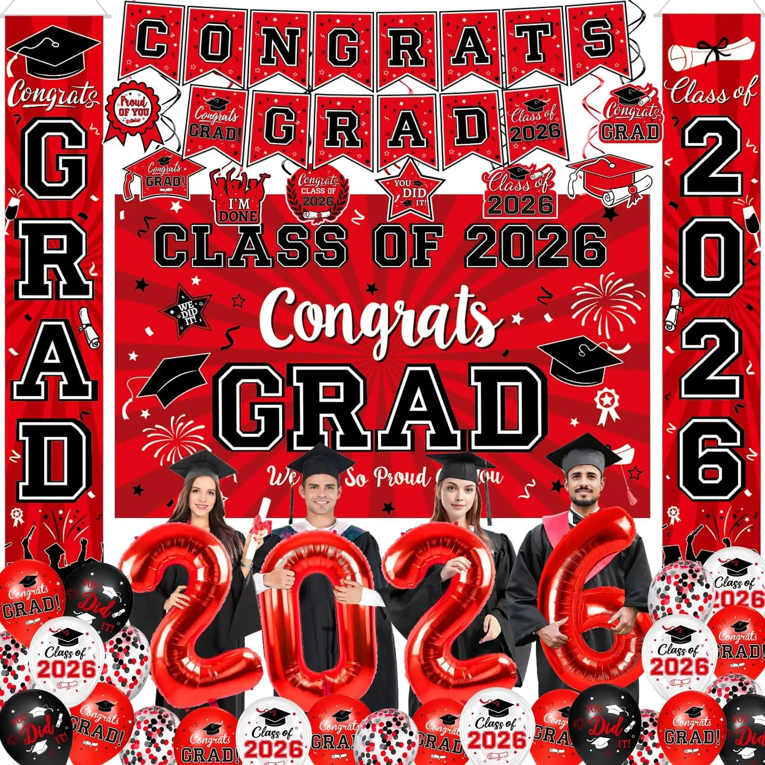 Class of 2026 Red Graduation Decorations & Party Supplies Kit - High School Ceremony Red Balloon Party Supplies, Colorful Balloons Assortment, Backdrops, Banner, Hanging Swirls, Porch Sign