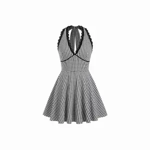 Cider Halter Neckline Checks Lace Trim Tie Back Mini Dress