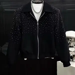 High-end New Black Hot Diamond Jackets Men's 2025 Spring Autumn Shoulder Pads Design Babysbreath Hot Diamond Short Style Tops