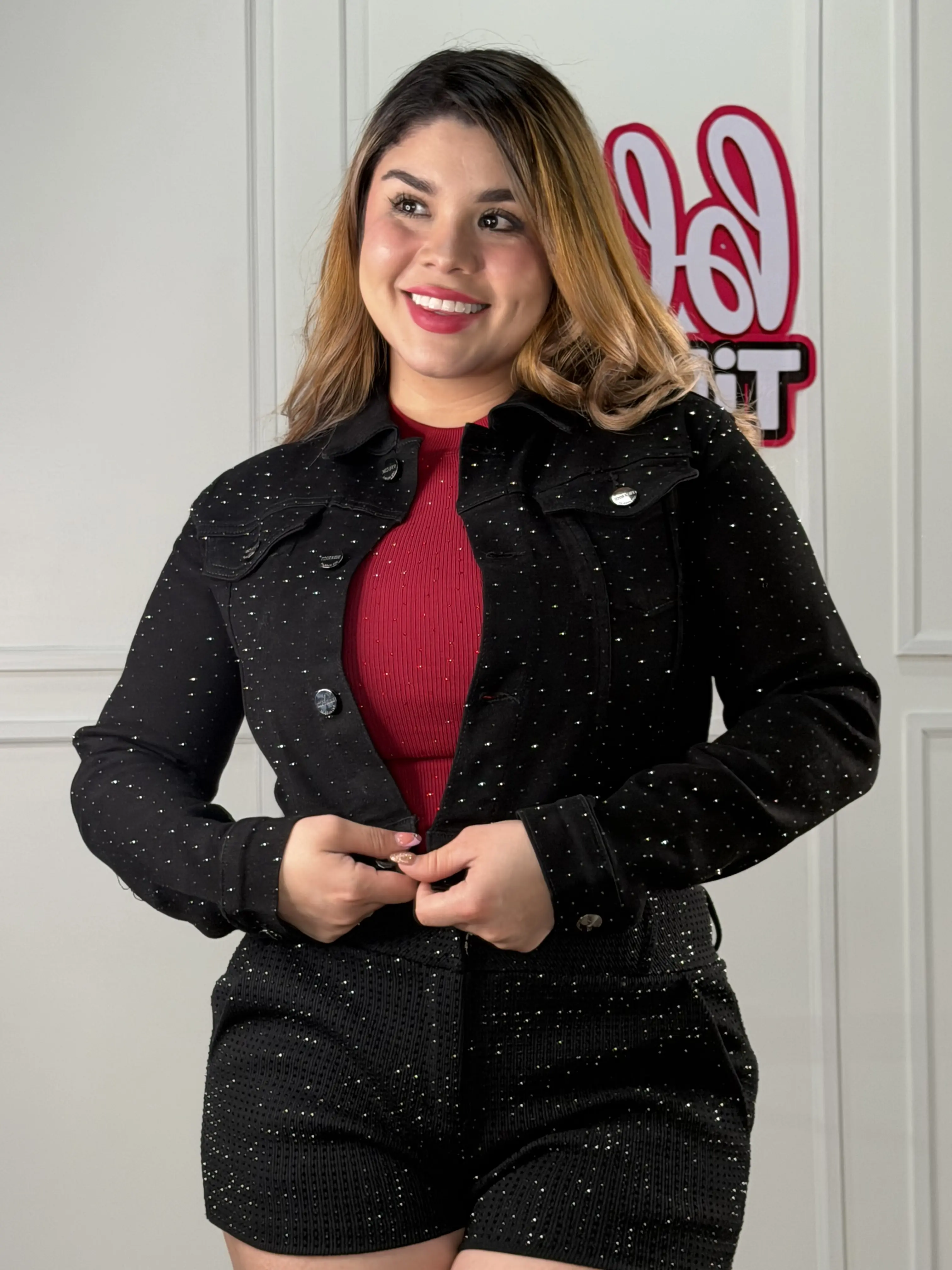Petite SLIM FIT - Black Rhinestone Jacket - SIZE UP - Crop Fit
