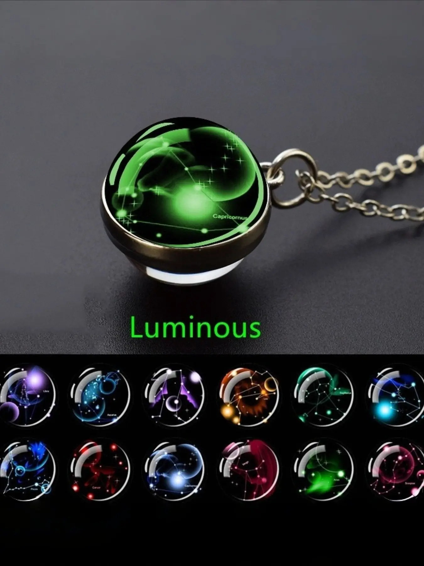 Glow-in-the-Dark Zodiac Pendant Necklace, Daily Costume Jewelry, Starry Sky Glass Ball with Luminous Constellation Design, Zinc Alloy Jewelry Gift for Men