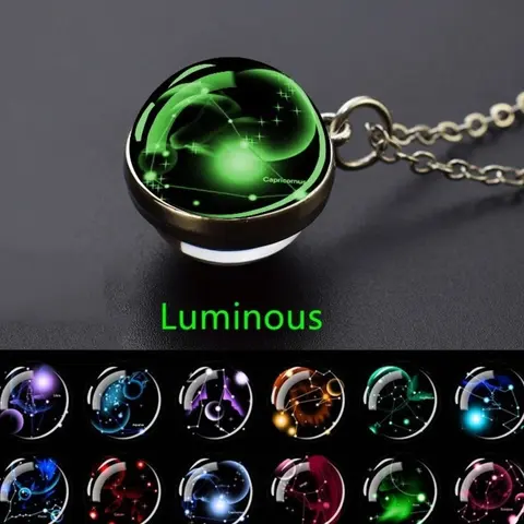 Glow-in-the-Dark Zodiac Pendant Necklace, Daily Costume Jewelry, Astrology Jewelry, Starry Sky Glass Ball with Luminous Constellation Design, Zinc Alloy Jewelry Gift for Men