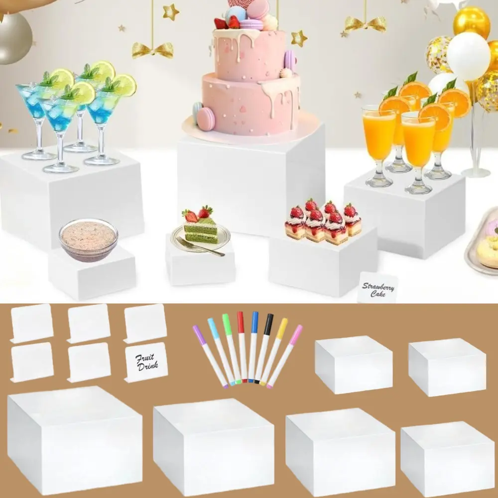 6Pcs White Acrylic Buffet Risers Set - Nesting Cube Boxes with Hollow Bottoms, Mini Sign, Marker, Food Display Stands for Buffet Table, Party Catering (8",7",6",5",4",4") for Decoration, Food Items, Retail, Housewarming, Baby Shower, Durable