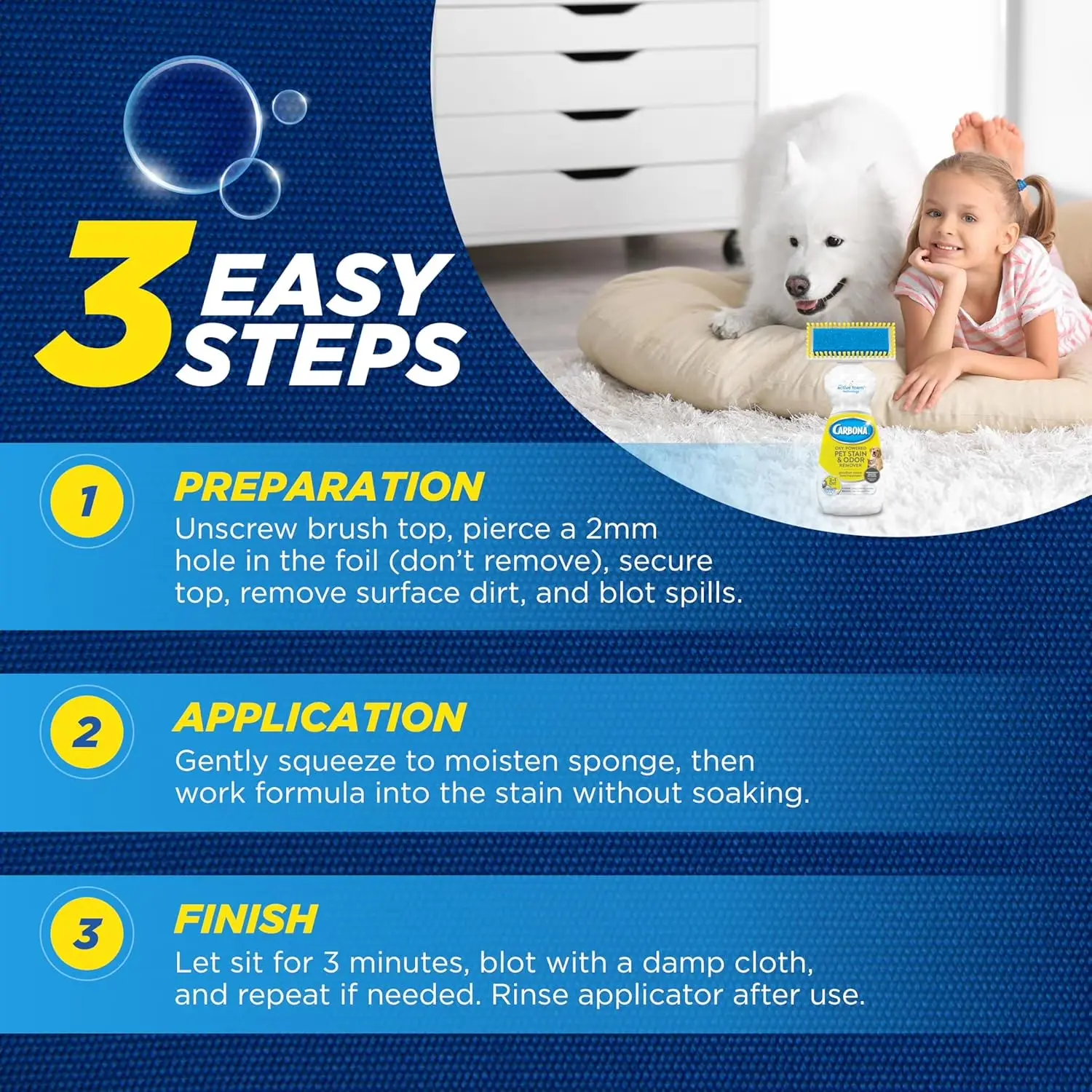 Carbona 2-in-1 Oxy-Powered Pet Carpet Cleaner & Odor Remover with Dual Brush Sponge 22 Fl Oz and 2 Microfiber Cloths for Easy Stain Removal