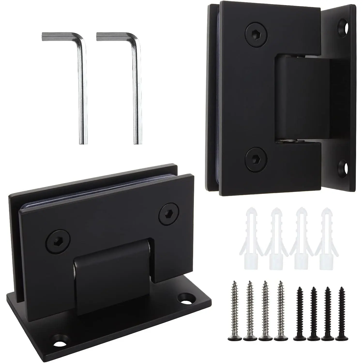 Stainless Steel Black Glass Shower Door Hinges (2-Pack), 90-Degree Turn Replacement Parts with Mounting Hardware Included, 3/8” to 1/2” Glass Bathroom Clamps