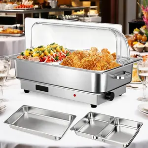 9QT Electric Chafing Dish Buffet Set, Roll Top Stainless Steel Chafer Server, 400W Temperature Control 86-200°F for Parties, Buffets Wedding Banquet