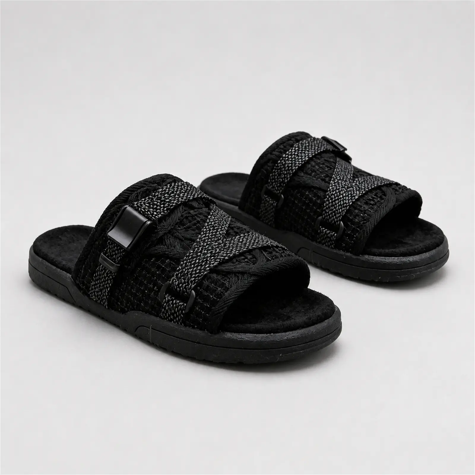 Men's Slide Sandals, Black Open Toe Slippers with Woven Crisscross Strap and Buckle Detail, Casual Slip-On House Shoes