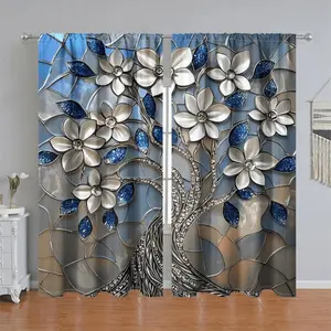 2Pcs Abstract Floral Pattern Curtain Panel, Shiny Blue Leaves & White Flowers Design, Pole Pocket Style, Semi Sunshade Polyester Fiber, Suitable for Home Living Room, Bedroom, Balcony, Kitchen, Study and Shower Window Decoration, Accessor