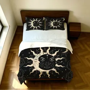 2- 3 Piece Duvet Cover Set With Celestial Sun and Moon Print, Mysterious Bohemian Style Bedding Set, Comfortable and Durable Microfiber. Suitable for Bedroom and Guest Room Decor, Perfect for Year Round Use.
