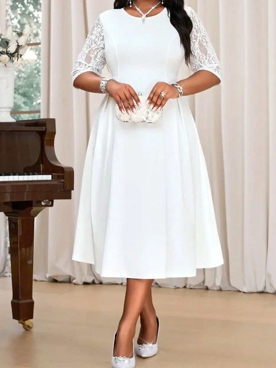 Plus Size Valentine's Day Dress Summer Outfit For Women Elegant A Line Round Neck Colorblock White Midi Dress With Contrast Lace - Casual, Fabric