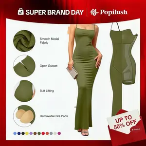 Popilush  Modal Built-in Shapewear Maxi Dress for Women - Sleeveless Spaghetti Strap Backless Slimming Dress for Cocktail Party Basic Minimalist Elegant Outfits