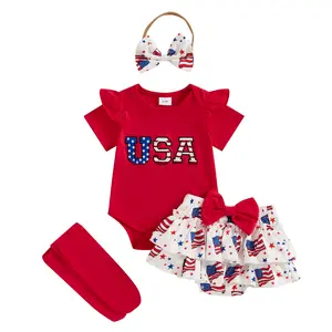 My First 4th of July Outfit Baby Girl Letter Ruffle Short Sleeve Romper Onesie+Star Layered Skirt Shorts Bloomers Set Memorial Day Clothes