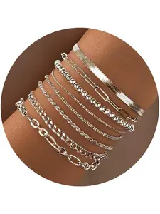 8Pcs Silver Gold Bracelets for Women, 14K Real Gold Plated Dainty Trendy Stackable Stacking Bracelets Chain Charm Link Paperclip Beaded Bracelet Stainless Steel Stretch Layered Bracelet Sets