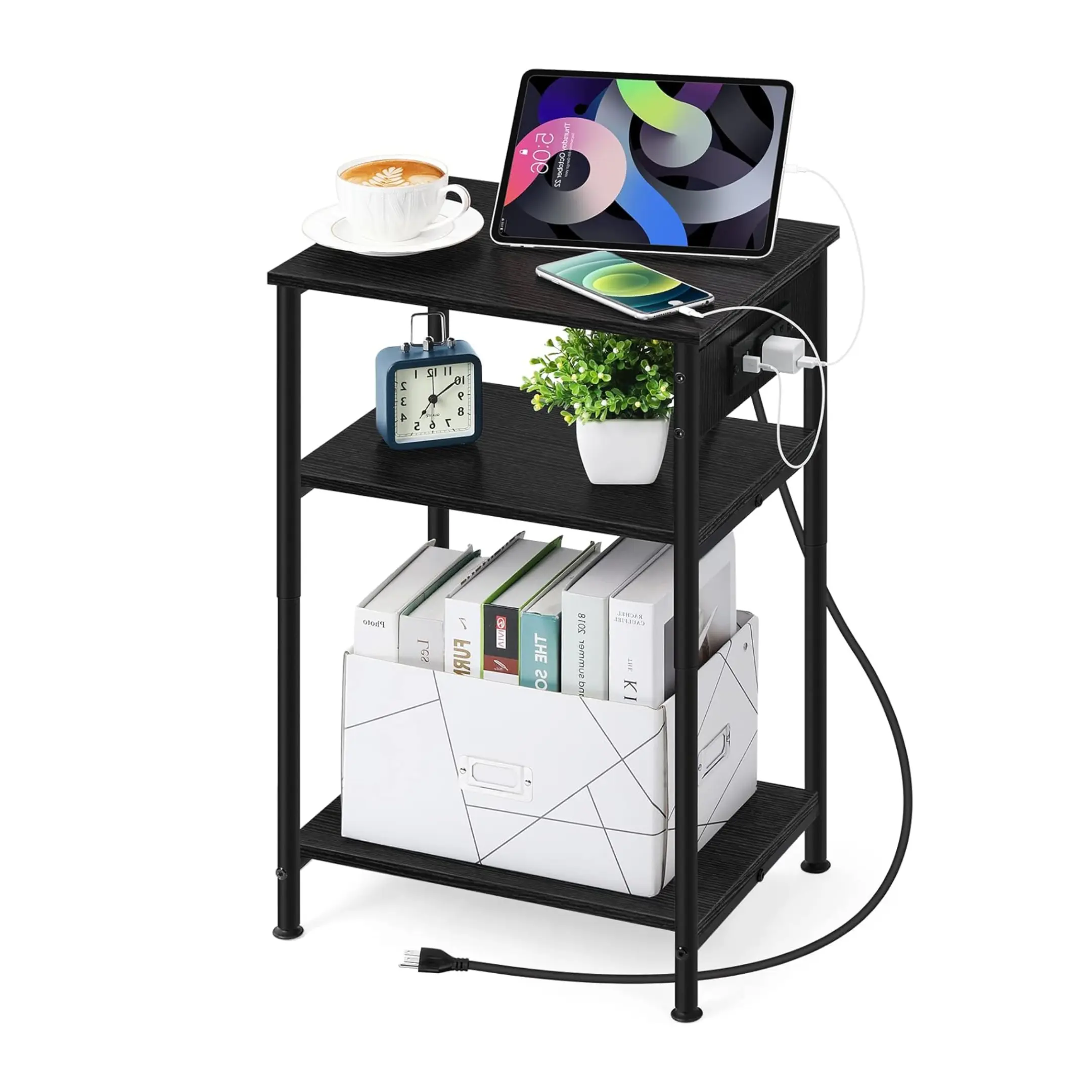Nightstand with Charging Station, 3 Tier End Table with Storage Shelf and USB Ports for Living Room, Bedroom, and Balcony, Black, Coffee Tables, Bedside Table Cabinet