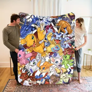 1pc Vibrant Digimon Anime Style Flannel Throw Blanket - Cozy, Soft, Warm, and Stylish with Colorful Cartoon Creatures Print, Perfect for Sofa, Bed, Office, and Travel - Ideal Gift for All Seasons