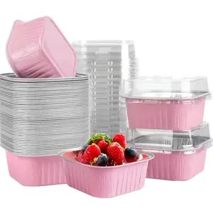 50 Disposable Square Aluminum Foil Baking Molds with Lid, 5oz Cake Cupcake Cups, Bakeware Baking Supplies Kit Wedding Birthday Party Essential Baking Tools Baking Accessories (5 Colors Available)