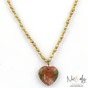 Unakite Jasper Heart in Golden Pearl Strand Necklace