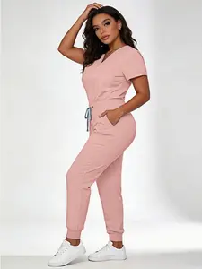 Womens Stretch Fitted Scrub Set Jogger Style Casual High Waist Drawstring Pants, Short Sleeve Vneck Nursing Workwear Uniform