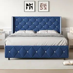 HOMBCK Upholstered Bed Frame with Diamond Tufted Headboard, Modern Silverside Wingback, No Box Spring Needed, Easy Assembly