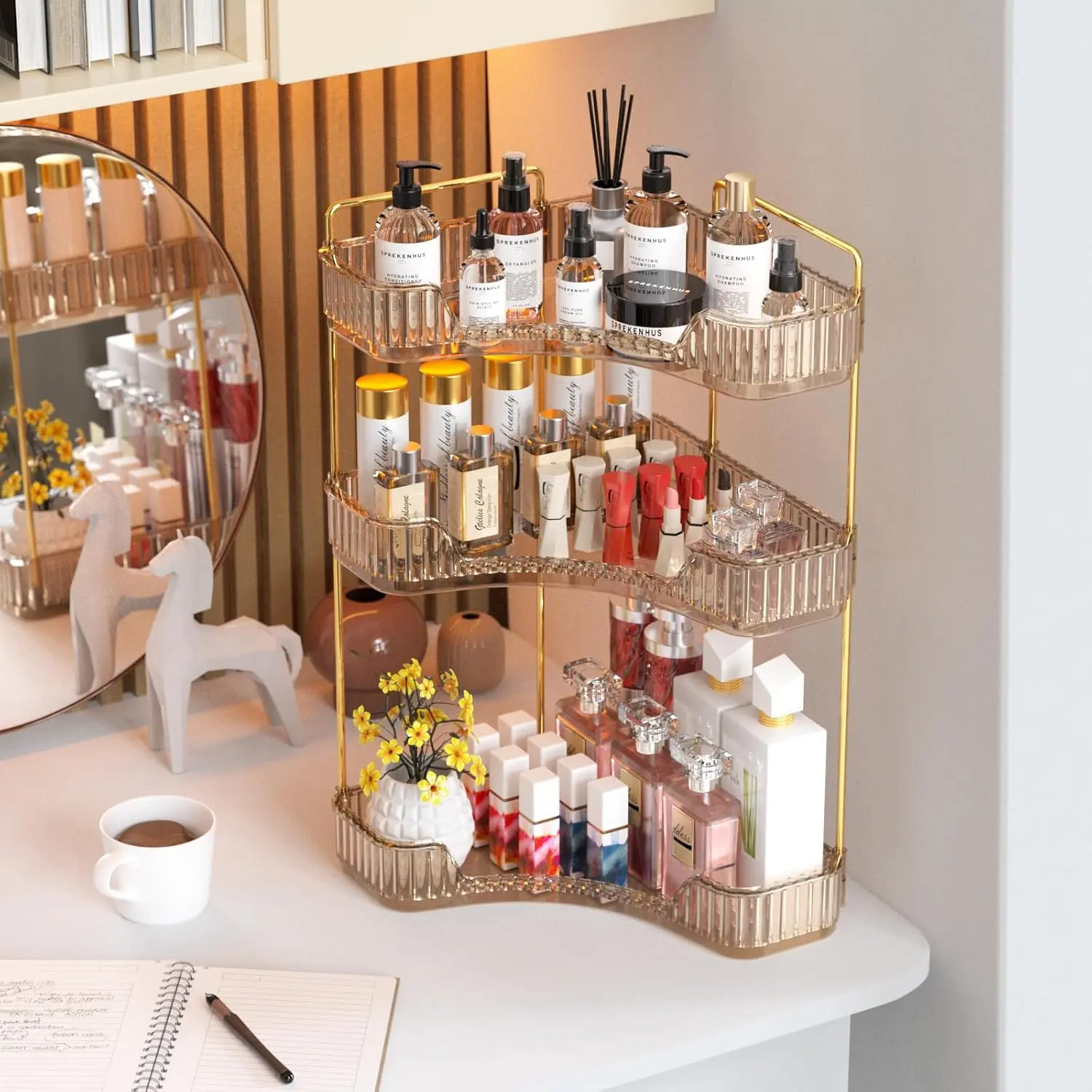 2/3-Tier Corner Bathroom Counter Organizer Plastic Makeup Skincare Organizers Storage Countertop Sink Vanity Trays Perfume Cosmetic Shelf in Bedroom Dresser Kitchen Clear beauty organizer cabinet mothers day basket,dorm essentials,home decor