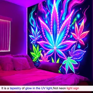 1pc 2D/Flat UV Black Light Neon Psychedelic Leaf Polyester Flag Banner Tapestry, Neon Light Game Room Photography Backdrop, 78.74X59.05 Inch, Living Room Bedroom Office Terrace Indoor Outdoor Home Wall Club Gym Party Supplies Decorations St