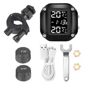 Motorcycle TPMS, LCD Display Motorcycle Tire Pressure Monitoring System with 2 External Sensors, Waterproof Tire Pressure Monitoring System, Car Accessories