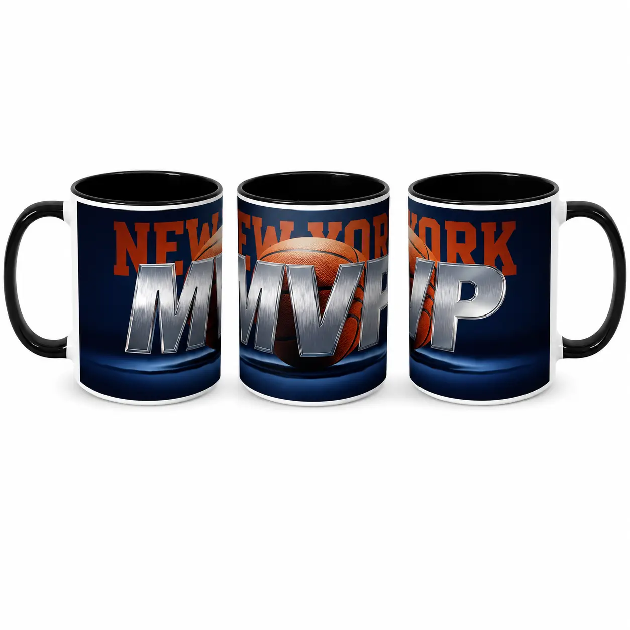 11oz New York MVP Basketball Graphic Two-Tone Inner Black Ceramic Coffee Mug, Double-Sided Printed, Microwave & Dishwasher Safe, Motivational Sports Themed Cup, Unique Basketball Fan Gift, Office Home Daily Use Tea & Hot Beverage Mug
