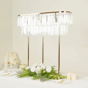 40"x40" Crystal Pendant 2-Tier Flower Stand – Gold Metal Table Centerpiece Pedestal with Drop Accents