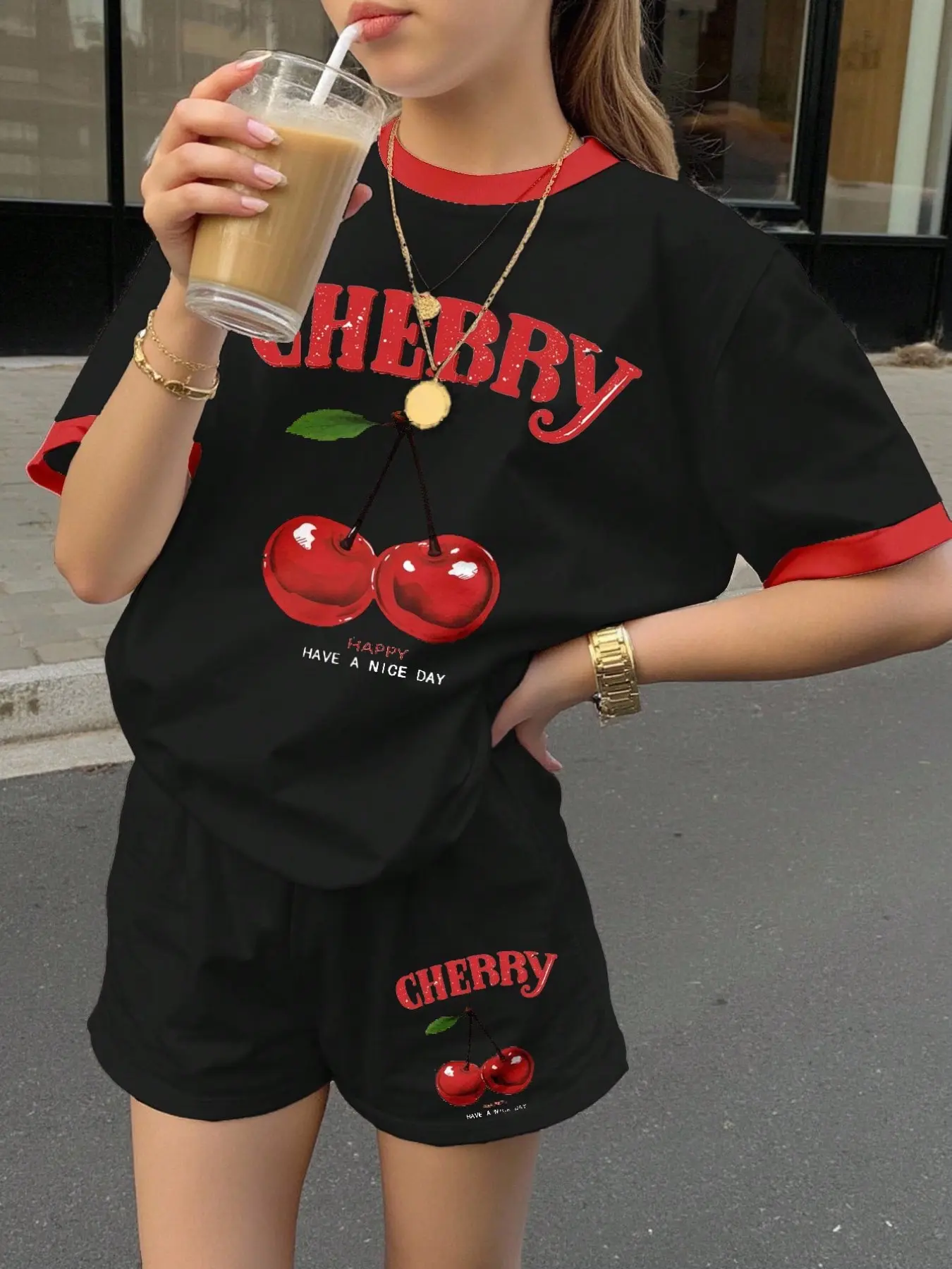 Summer Girls Casual Simple Short Sleeve Shorts Set, 2 Piece Cherry, Girl Cherry Top, Cherry T-Shirt, Cherry Set, Cherry Theme, Fine Girls Outfit, Cherry Print Set, Summer Clothes Set, Summer Outfits Set
