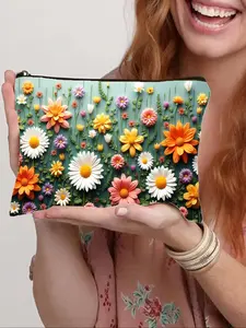 Vibrant Wildflower & Daisy Print Cosmetic Makeup Bag, 2D Colorful Floral Garden Travel Pouch, Zipper Organizer, Lightweight & Portable, Perfect Gift