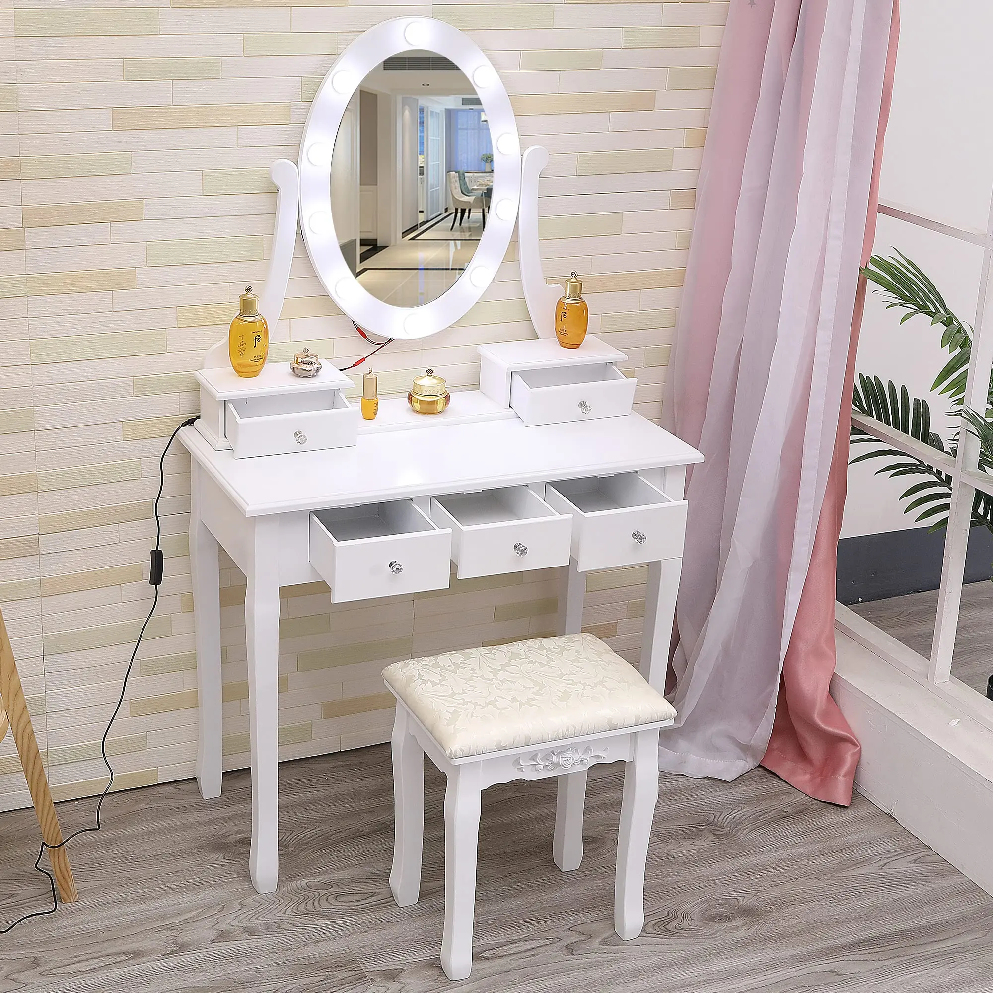 Gaomon 2-in-1 Compact MDF Wood LED Lighted Makeup Vanity Set - Adjustable LED Mirror, Cushioned Stool, 5 Storage Drawers, Dorm/Teens Dressing Room Elliptical Organization Desk - White, Perfect Gift Choice for Women’s Bedrooms