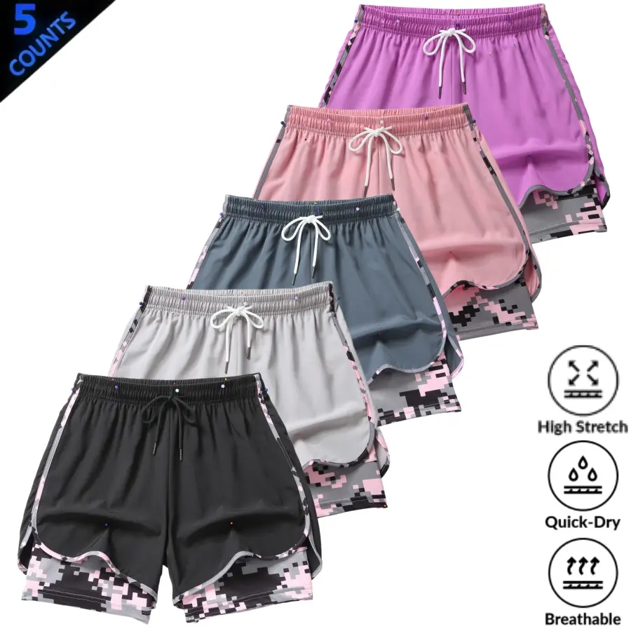 Women's 5-Piece Camo Active Wear Shorts, Casual Double-Layer Colorblock Bottoms with Drawstring Waist, Breathable Stretchy Fabric for Athletic Use, Activewear