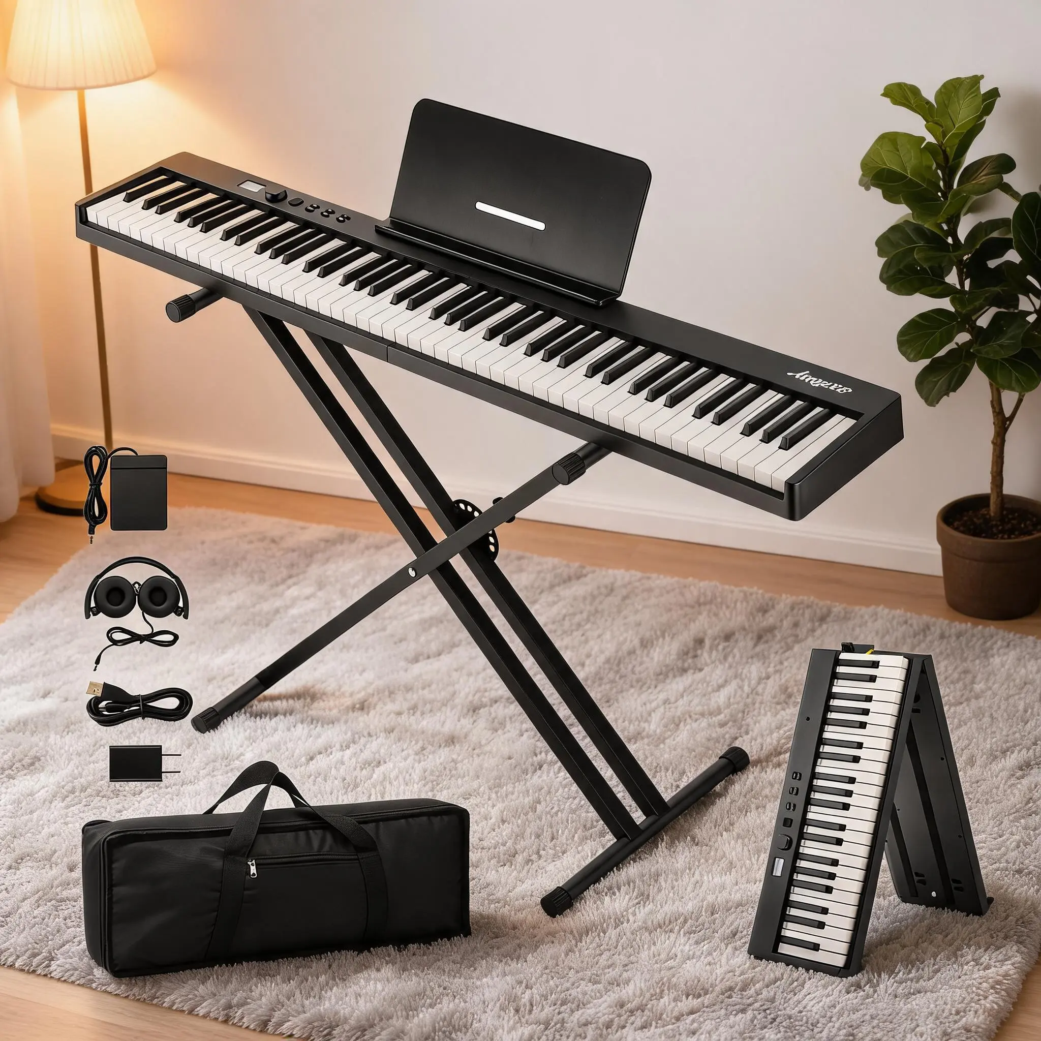 GARVEE 88 Key Folding Piano Keyboard, Full-Size Semi-Weighted Portable Electric Digital Piano with Bluetooth, Headphones, Sustain Pedal & Bag