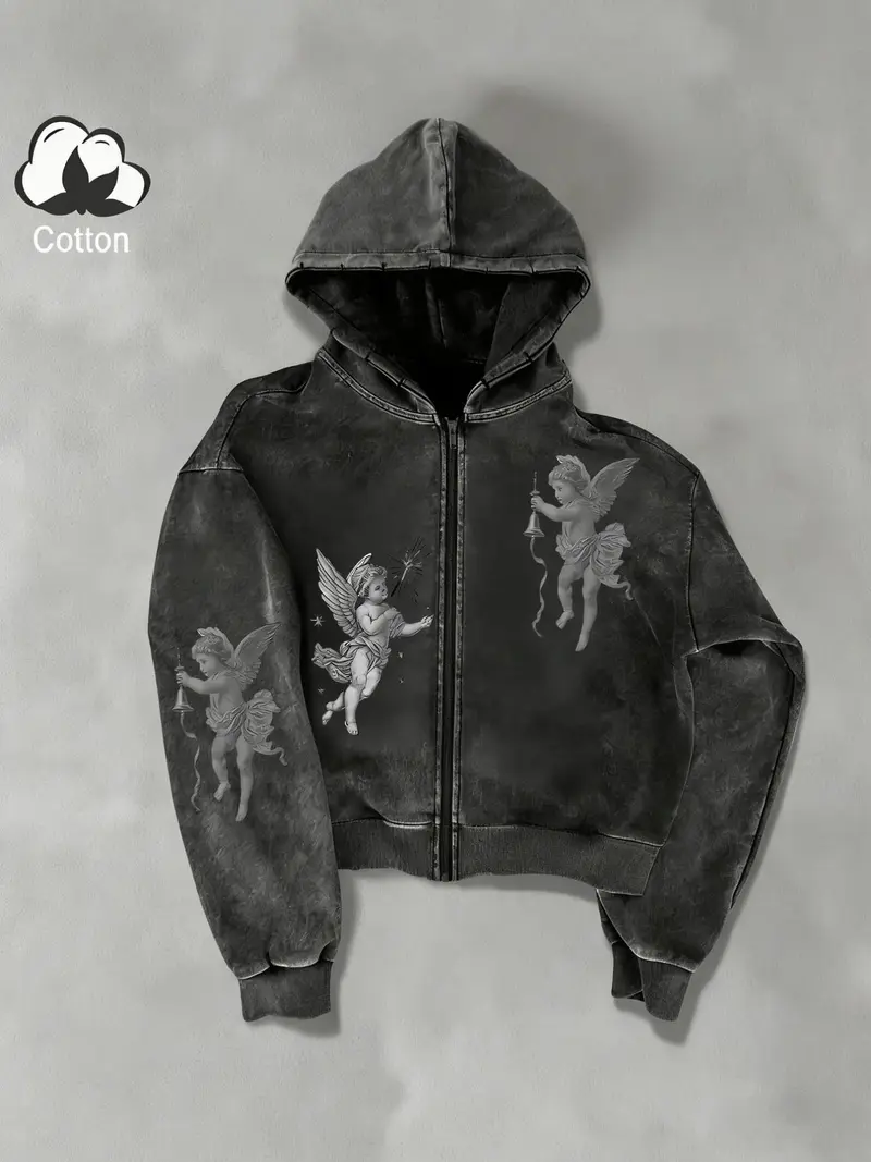 Zip up hoodie with baby angel that says vintage - TikTok Shop