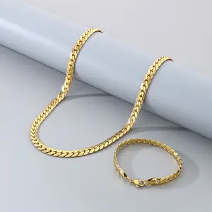18K Gold Plated 5MM Width Snake Chain Necklace & Bracelet Set Gold Stainless Steel Long Chain Fashion Party Jewelry for Women Men Valentine's Day New Year Gift chic minimalist jewelry son br ero engagement anniversary party gift
