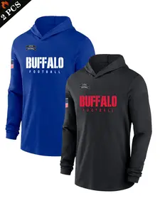 Men's Buffalo Football Hooded Long Sleeve T-Shirt Set, Athletic Hoodie, Breathable Lightweight Loose Fit, Casual Fall Sportswear for Outdoor Leisure, Athletic Sports Clothing