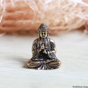 Pure Brass (Copper Alloy) Sakyamuni Buddha Miniature Statue - Vintage Handcrafted Detailed Figurine, Home Decoration Ornament, Ideal for Indoor Desktop Display & Meditation Areas