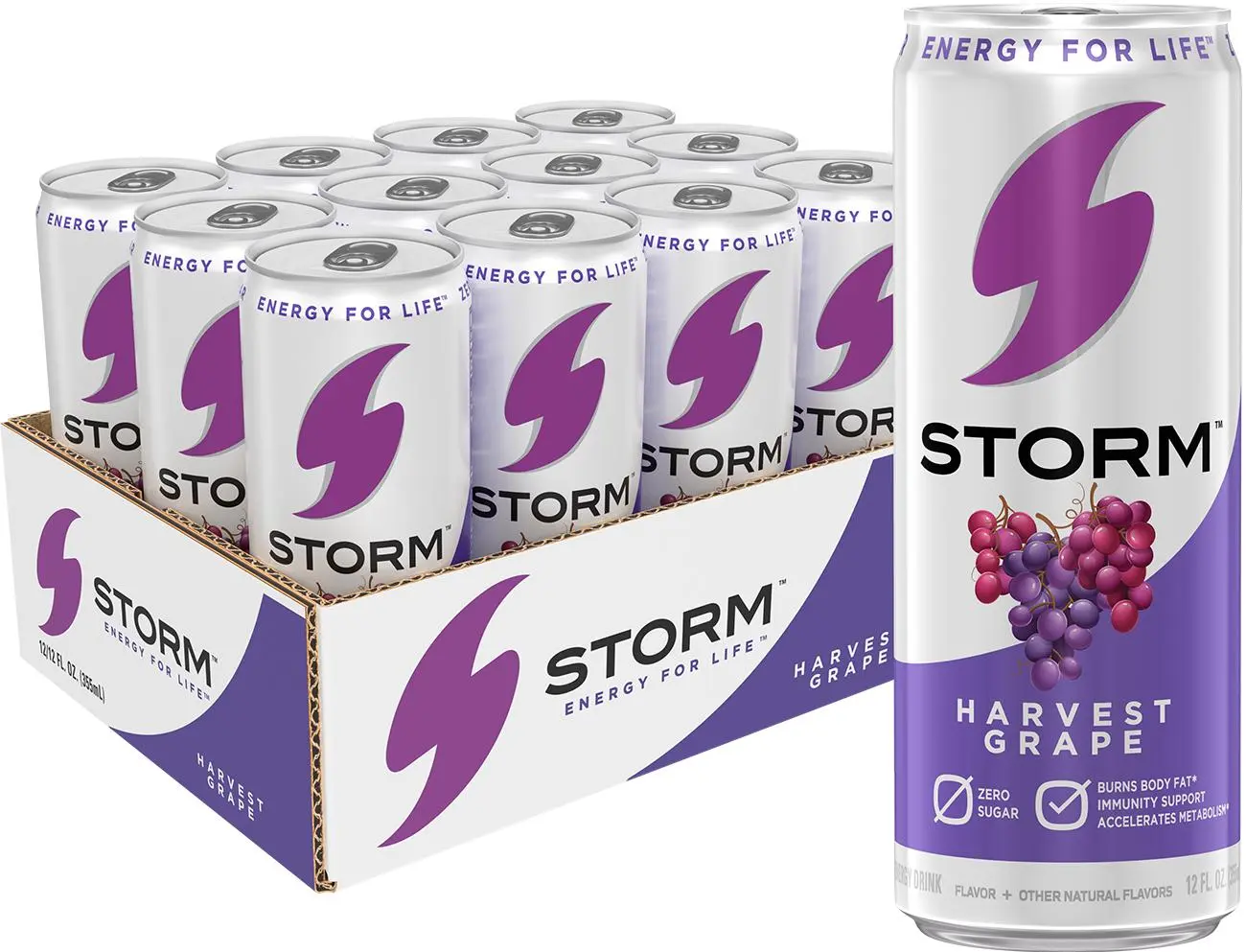 STORM Harvest Grape Sugar-Free Energy Drink - Natural, Vitamin C Sports Energy Beverage, 12-Pack 12oz Cans for Fitness, Wellness & Cupboard Storage
