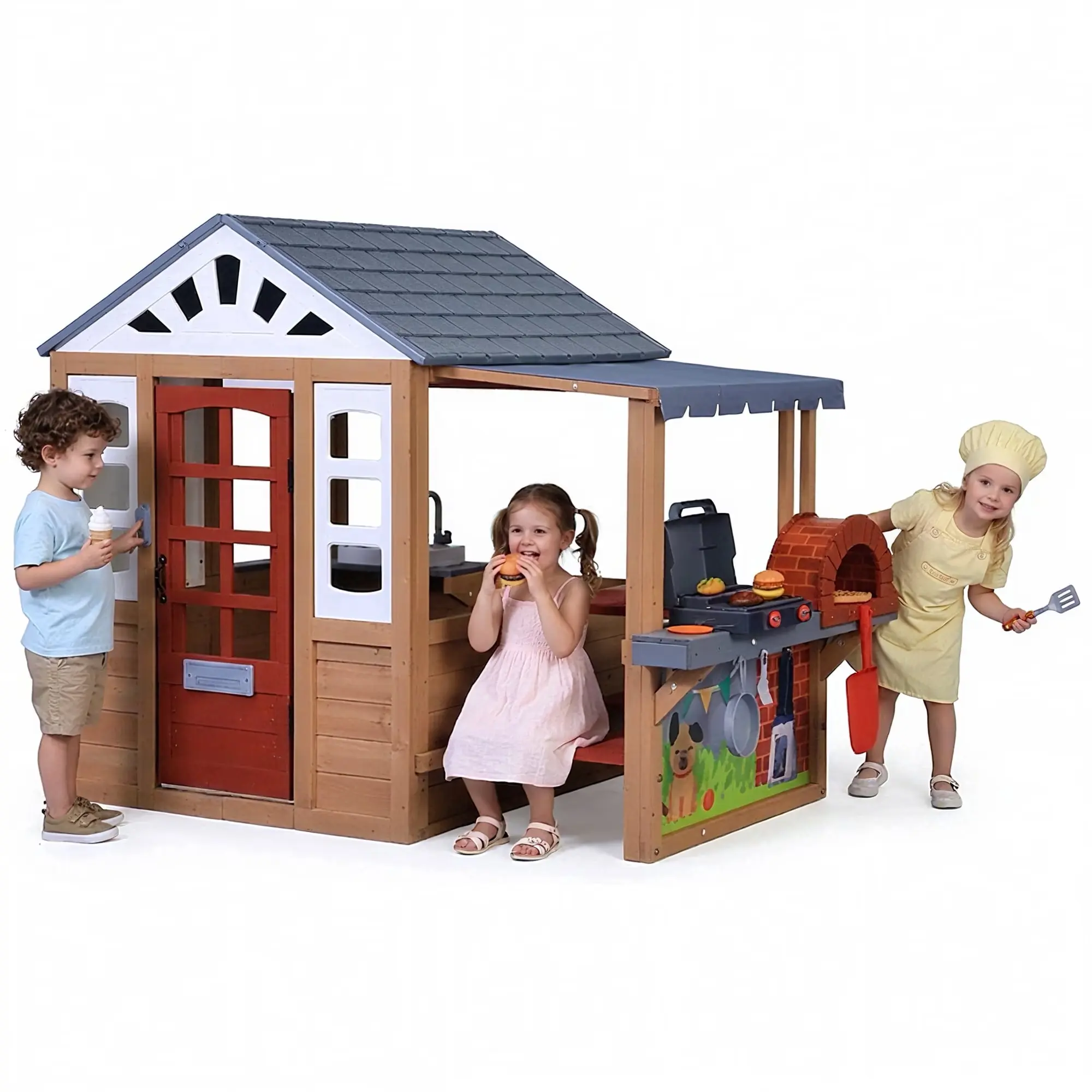 Sunnyfree Kids Outdoor Playhouse with Play Kitchen, Cedar Wooden Playhouse for Kids Ages 3-8 with BBQ Grill, Kitchen Set, Doodle Whiteboard, Picnic Table, Mail Receiver &Working Doorbell, Cottage Play House-Brown