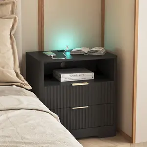 Nightstand with Charging Station, Smart Nightstand with Night Light,Bedside Tables with Storage Cabinet for Bedroom,Black
