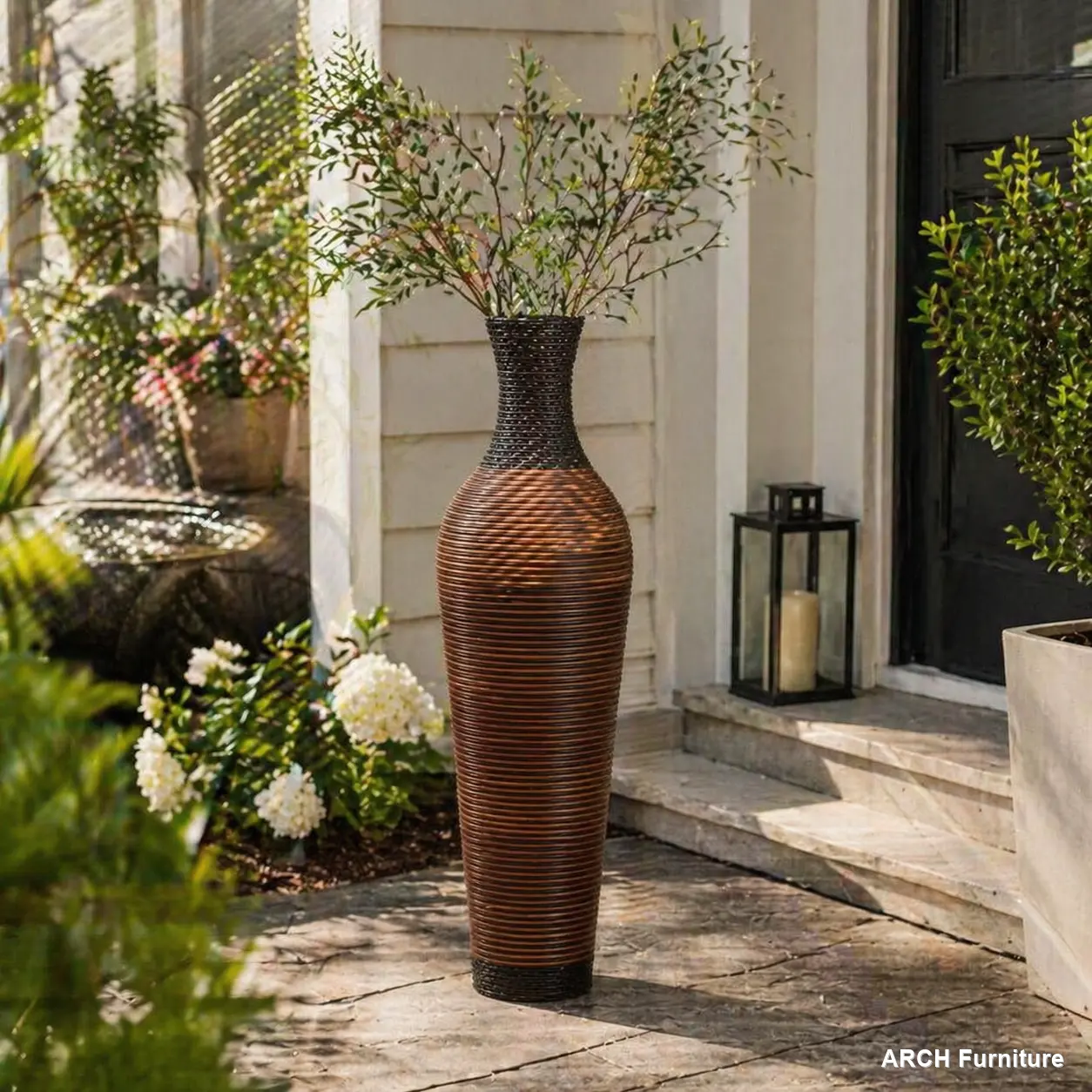 39in Tall Black Gray Hand-Woven PVC Rattan Floor Vase with Weaved Texture, 5.5in Top Diameter Standing Arch Vase, Farmhouse Home Decor for Living Room, Entryway Decorative Vase Decorative Flower Vase