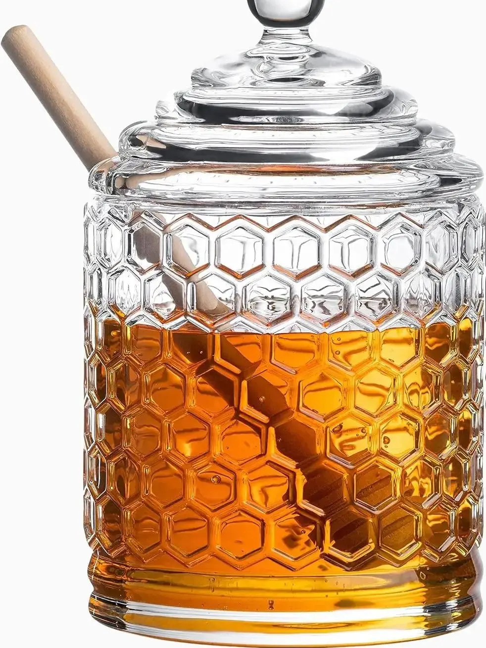 Royalty Art Glass Honey Pot with Beehive Lid & Wooden Dipper | 3 Pc. Set